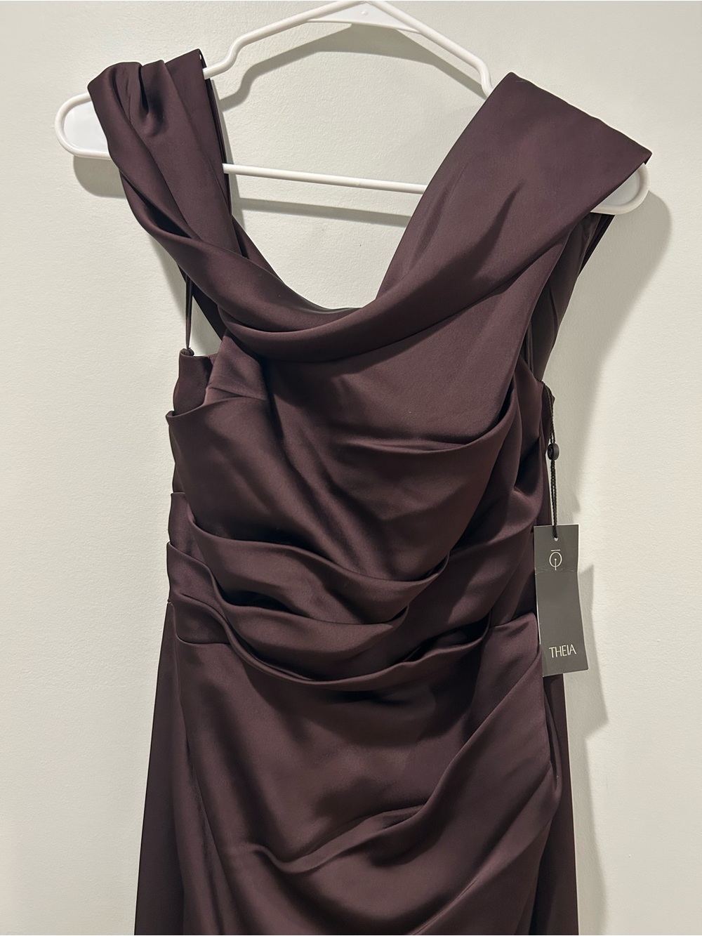 THEIA Celia One Shoulder Draped Gown in Chocolate Brown - Picture 6 of 10